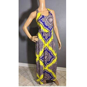 boohoo Baroque Maxi Dress 💛 yellow & royal blue racerback summer dress